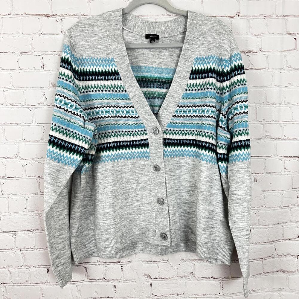 Talbots Cardigan Sweater Size XL Gray Blue V-Neck
